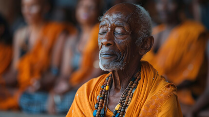 A close-up portrait of an elderly man with a white mark on his forehead, wearing a yellow robe and sitting with other people.
