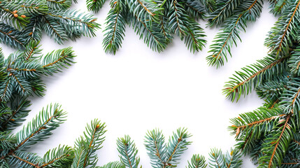 The top view of the green pine branches arranged in a frame on a white background is ideal for a festive or winter theme. New Year and Christmas. 2025