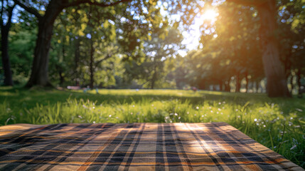 A sunlit picnic blanket spread on the grass in a scenic park, with trees and benches in the background during a sunny day.
