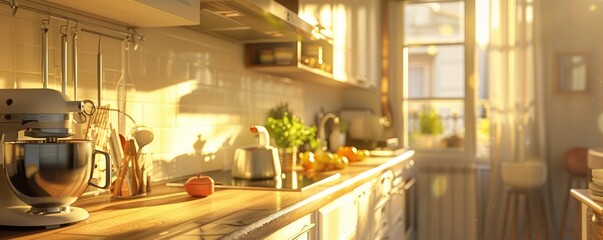 Modern kitchen interior with kitchen appliances and plants, featuring sunlight streaming through window