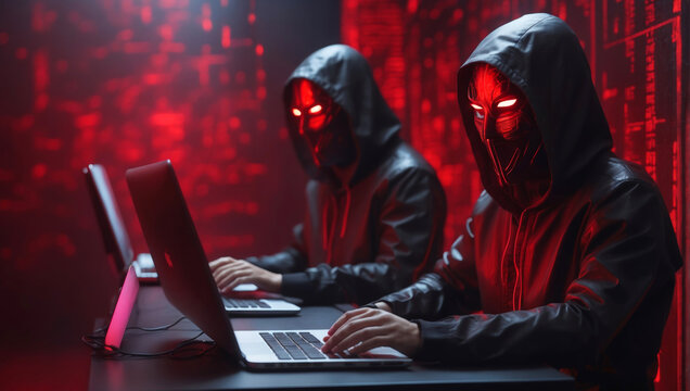 Two masked hackers at work in a red room