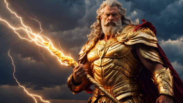 Zeus in golden armor on Mount Olympus - Powered by Adobe