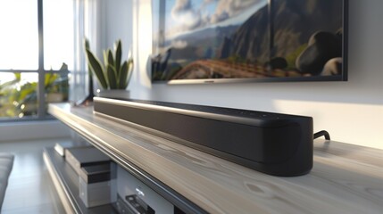 A sleek and compact sound bar offers powerful sound and a sleek design perfect for complementing a modern entertainment setup.