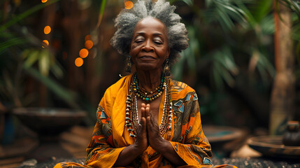 A man in a yellow robe meditating in a jungle setting