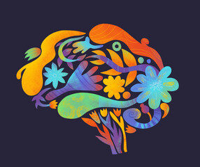 Vibrant Abstract Brain Illustration With Floral Elements