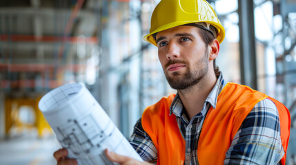 Portrait of a confident construction engineer in a yellow hard hat and orange waistcoat holding blueprints on a construction site.