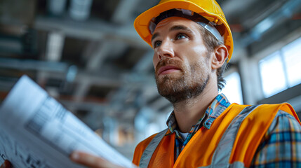 Portrait of a confident construction engineer in a yellow hard hat and orange waistcoat holding blueprints on a construction site.