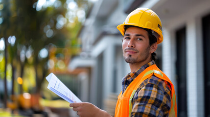 Portrait of a confident construction engineer in a yellow hard hat and orange waistcoat holding blueprints on a construction site.