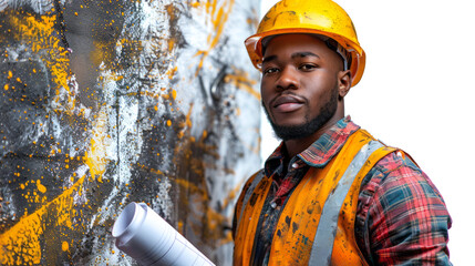 Portrait of a confident construction engineer in a yellow hard hat and orange waistcoat holding blueprints on a construction site.