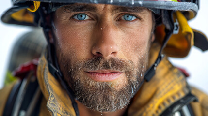 Portrait of a dedicated rescue worker wearing protective gear, ready for action, with a blurred emergency background.

