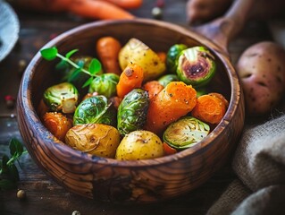 Rustic Vegan Delight: Baked Vegetables in Wooden Bowl