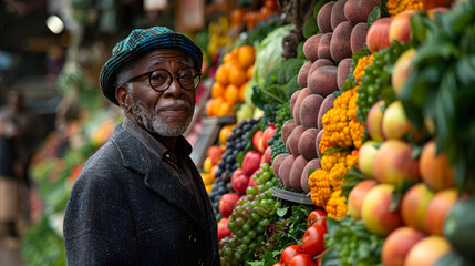Smiling Man Standing in Front of a Produce Stand at a Local Market