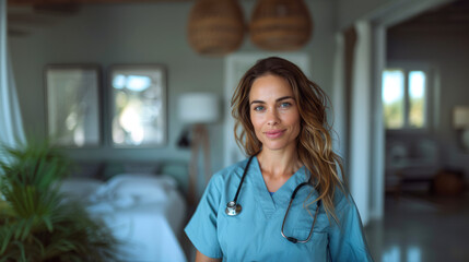 Portrait of a smiling nurse standing in a hospital room in a blue bathrobe and holding a stethoscope.