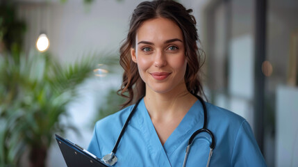 Portrait of a smiling nurse holding in a hospital hallway, wearing blue scrubs and a stethoscope.