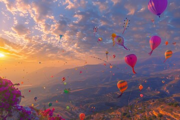 : A breathtaking view of a mountain landscape at dawn, with vibrant, colorful balloons and kites soaring in the sky, symbolizing the joy and festivity of Eid al-Adha.