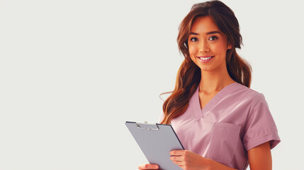 Portrait of a smiling nurse standing in a hospital room in a pink bathrobe and holding a stethoscope.