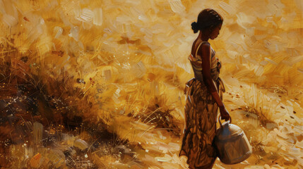 Painting of a woman walking through sunlit fields, carrying a pot and a bag, highlighting rural life and serenity.
