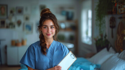 Portrait of a smiling nurse standing in a hospital room in a blue bathrobe and holding a stethoscope.