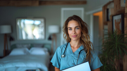 Portrait of a smiling nurse standing in a hospital room in a blue bathrobe and holding a stethoscope.