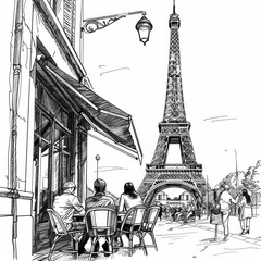 A sketch of the Eiffel Tower seen from a Parisian street cafe, with people sitting and enjoying their coffee, detailed architectural elements, romantic ambiance,  black and white motochrome.
