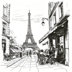 A sketch of the Eiffel Tower seen from a Parisian street cafe, with people sitting and enjoying their coffee, detailed architectural elements, romantic ambiance, black and white motochrome.