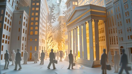 A bustling cityscape with paper figures walking between towering buildings, illuminated by warm, golden light, symbolizing urban life and human connections.