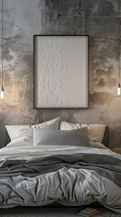 3D render of a mockup frame in a loft bedroom with a concrete wall (close up, bedroom styling, ethereal, Composite, urban loft backdrop)
