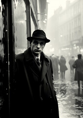 A black-and-white photograph of a man in a trench coat and fedora, leaning against a building on a foggy, busy street. The image evokes a nostalgic, noir atmosphere with its vintage urban setting.