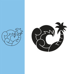 beautiful beach waves with coconut trees on the shore, monoline style and silhouette stylish.
