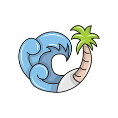 beautiful beach waves with coconut trees on the shore. solid color style,