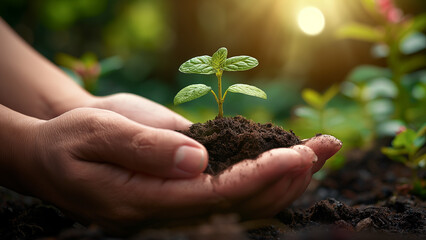 Human hands hold a small plant in fertile soil, highlighting the importance of eco-friendly practices, nurturing nature, or sustainability.