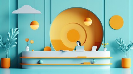 A vibrant, modern office scene with a woman working at a desk, featuring bold teal and orange colors, creating a dynamic and lively workspace.