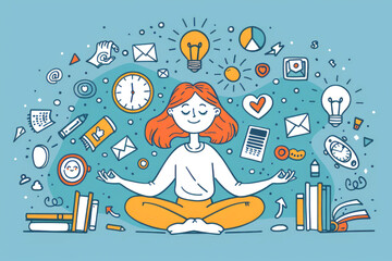 Illustration of a woman meditating surrounded by floating icons symbol ideas, creativity, creative project and productivity. Modern banner of brainstorming with flat illustration.