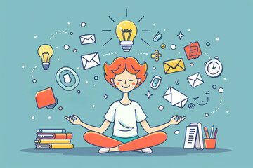 Illustration of a woman meditating surrounded by floating icons symbol ideas, creativity, creative project and productivity. Modern banner of brainstorming with flat illustration.