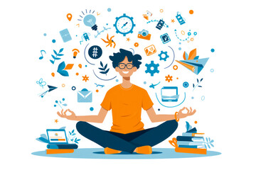 Illustration of a young man meditating surrounded by floating icons symbol ideas, creativity, creative project and productivity. Modern banner of brainstorming with flat illustration.