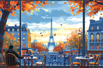 Illustration of people sitting at a Parisian café with a view of the Eiffel Tower in the background during sunset.