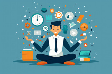 Illustration of a young man meditating surrounded by floating icons symbol ideas, creativity, creative project and productivity. Modern banner of brainstorming with flat illustration.