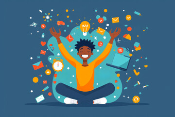 Illustration of a young man meditating surrounded by floating icons symbol ideas, creativity, creative project and productivity. Modern banner of brainstorming with flat illustration.