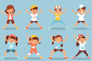 Illustration of a group of cheerful children exercising together, stretching enthusiastically and doing various fitness poses.