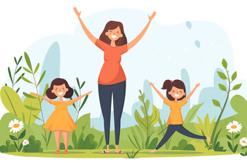 Illustration of a mother and daughter meditating together outdoors doing yoga, surrounded by green leaves and plants, enjoying nature.