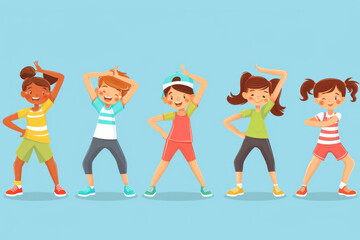 Illustration of a group of cheerful children exercising together, stretching enthusiastically and doing various fitness poses.