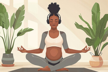 Illustration of pregnant woman in meditation pose doing prenatal yoga, wearing headphones, on abstract background promoting relaxation.
