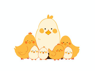 Vector illustration of a large yellow chick surrounded by smaller chicks against a plain background.