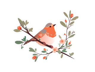 Flat illustration of a robin on a blooming branch.