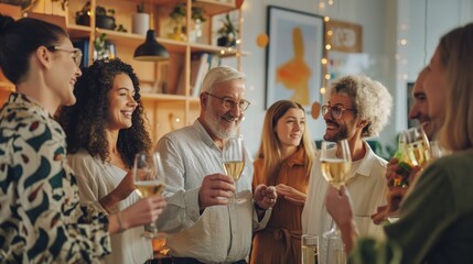 A diverse group of friends is enjoying a celebration with drinks at their home, full of joy and warmth. They are smiling, laughing, and bonding, creating a cheerful and festive atmosphere