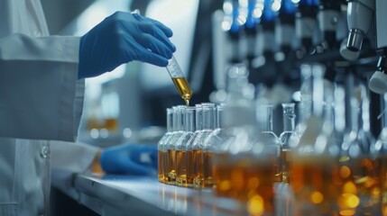 A laboratory worker in a white lab coat pours a clear liquid from a glass beaker into multiple test tubes placed on a lab bench.