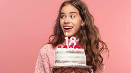 A young woman is celebrating her 18th birthday with a cake, surrounded by family and friends, marking a special milestone in her life. The moment is full of happiness and excitement