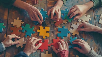 Concept of teamwork and partnership. Hands join puzzle pieces in the office. business people putting the jigsaws team together.Charity, volunteer. Unity, team business. - Powered by Adobe