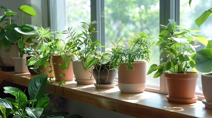 A row of various potted plants is neatly arranged on the window sill. The plants are thriving under the natural light, adding a touch of greenery to the interior space