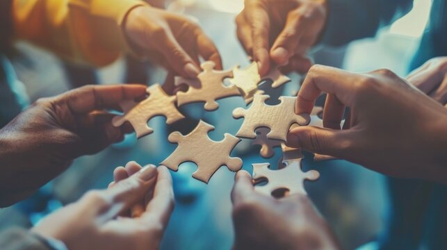 Concept Of Teamwork And Partnership. Hands Join Puzzle Pieces In The Office. Business People Putting The Jigsaws Team Together.Charity, Volunteer. Unity, Team Business. 